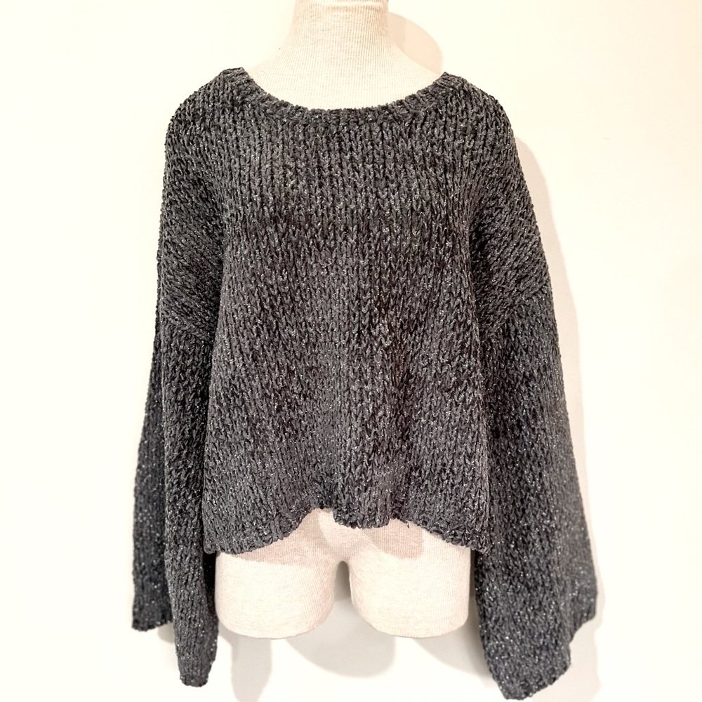 Festive, Metallic Gray, Chunky Sweater with Dramatic Sleeves